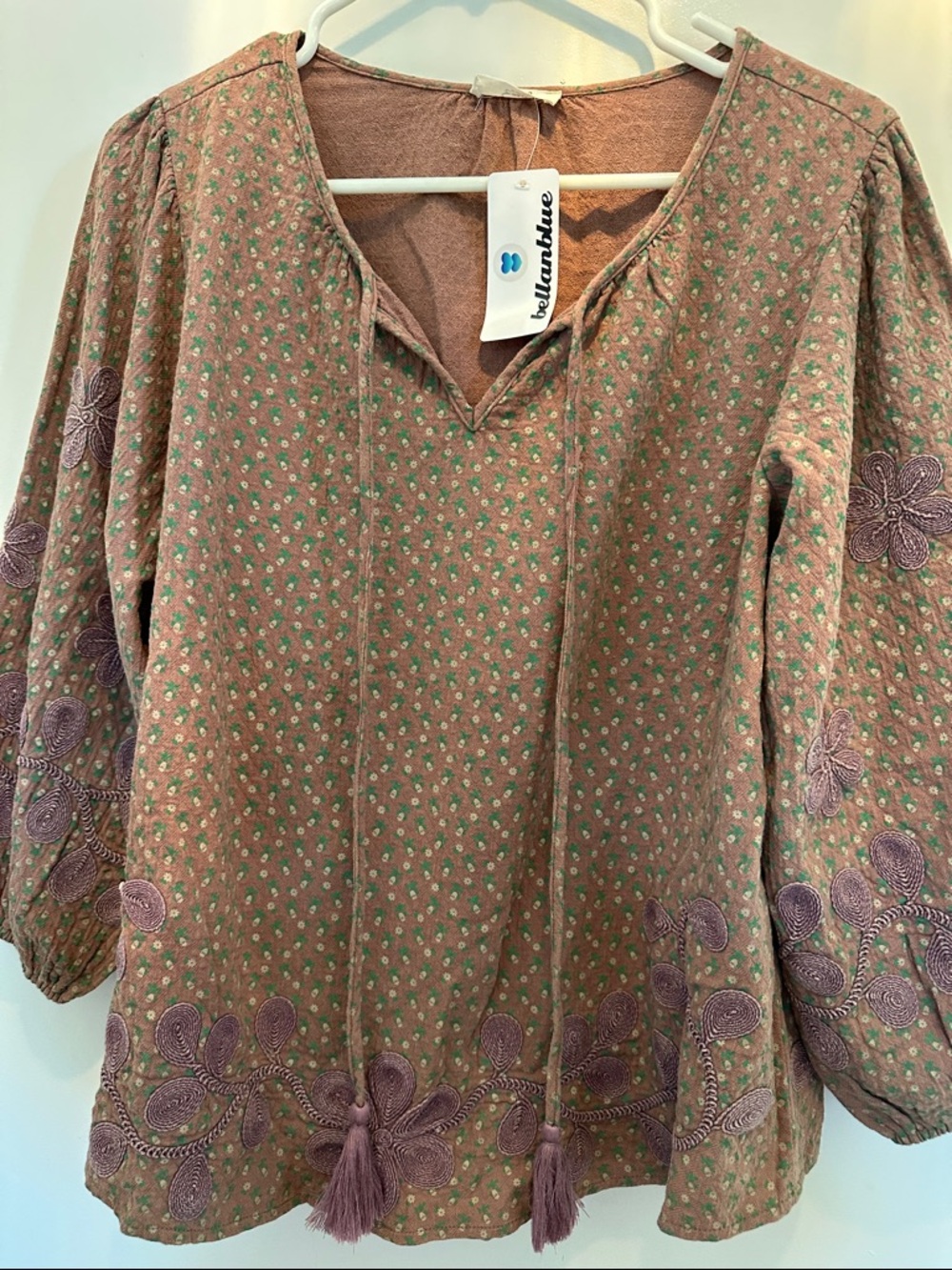 Easel L Mauve Floral Embroidered Peasant Top with Tassels